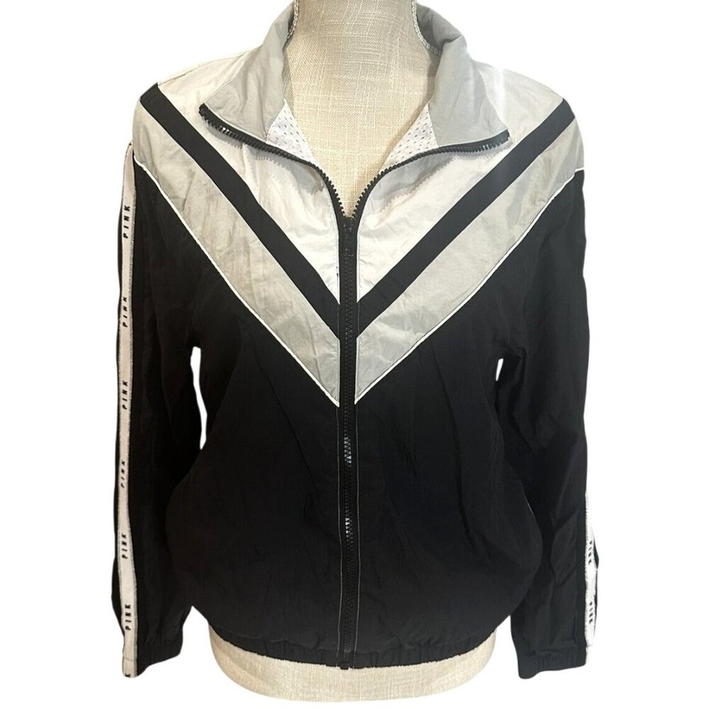 Victorias Secret Pink Windbreaker Jacket Black Gray Chevron Zip-Up XS/S